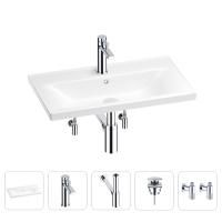 Раковина для ванной Wellsee FreeDom 201004931 в наборе 5 в 1: раковина белого глянцевого цвета, смеситель, сифон, донный клапан, угловые вентили (цвет набора хром)