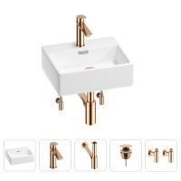 Раковина для ванной Wellsee Graceful Pro 201004529 в наборе 5 в 1: раковина белого глянцевого цвета, смеситель, сифон, донный клапан, угловые вентили (цвет набора розовое золото)