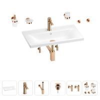 Раковина для ванной Wellsee FreeDom 201007069 в наборе 9 в 1: раковина белого глянцевого цвета, смеситель, сифон, донный клапан, угловые вентили, аксессуары (цвет набора розовое золото)
