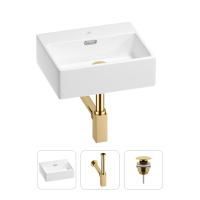 Раковина для ванной Wellsee Graceful Pro 201001308 в наборе 3 в 1: прямоугольная раковина белого глянцевого цвета, сифон, донный клапан в цвете золото