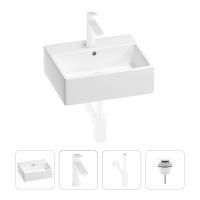 Раковина для ванной Wellsee Graceful Pro 201002915 в наборе 4 в 1: раковина белого глянцевого цвета, смеситель, сифон, донный клапан (цвет набора матовый белый)