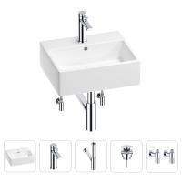 Раковина для ванной Wellsee Graceful Pro 201004611 в наборе 5 в 1: раковина белого глянцевого цвета, смеситель, сифон, донный клапан, угловые вентили (цвет набора хром)