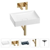 Раковина для ванной Wellsee Pure BY Wellsee 201002653 в наборе 4 в 1: раковина белого глянцевого цвета, встраиваемый смеситель, сифон, выпуск (цвет набора золото)