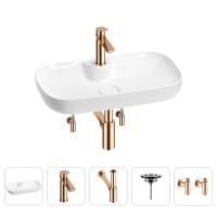 Раковина для ванной Wellsee Croquis 2.0 201004054 в наборе 5 в 1: раковина белого глянцевого цвета, смеситель, сифон, выпуск, угловые вентили (цвет набора розовое золото)