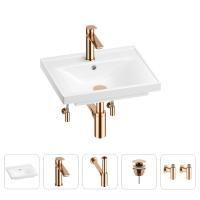 Раковина для ванной Wellsee FreeDom 201004729 в наборе 5 в 1: раковина белого глянцевого цвета, смеситель, сифон, донный клапан, угловые вентили (цвет набора розовое золото)