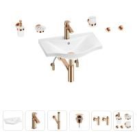 Раковина для ванной Wellsee Bisou 201007184 в наборе 9 в 1: раковина белого глянцевого цвета, смеситель, сифон, донный клапан, угловые вентили, аксессуары (цвет набора розовое золото)