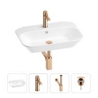 Раковина для ванной Wellsee Eclatant 201003719 в наборе 4 в 1: раковина белого глянцевого цвета, смеситель, сифон, донный клапан (цвет набора розовое золото)