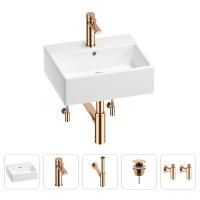 Раковина для ванной Wellsee Graceful Pro 201004614 в наборе 5 в 1: раковина белого глянцевого цвета, смеситель, сифон, донный клапан, угловые вентили (цвет набора розовое золото)
