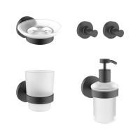 Акционный набор аксессуаров для ванной комнаты 5 в 1 Wellsee Finishing Touch 182512002: дозатор для жидкого мыла, мыльница, крючок 2 шт, стакан для зубных щеток и пасты (цвет черный матовый)