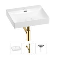 Раковина для ванной Wellsee DeSire 201001793 в наборе 3 в 1: прямоугольная раковина белого глянцевого цвета, сифон, выпуск в цвете золото