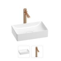 Раковина для ванной Wellsee Pure BY Wellsee 201000704 в наборе 2 в 1: прямоугольная раковина белого глянцевого цвета, высокий смеситель в цвете розовое золото