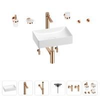 Раковина для ванной Wellsee Pure BY Wellsee 201006324 в наборе 9 в 1: раковина белого глянцевого цвета, высокий смеситель, сифон, выпуск, угловые вентили, аксессуары (цвет розовое золото)