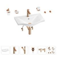 Раковина для ванной Wellsee Bisou 201007254 в наборе 9 в 1: раковина белого глянцевого цвета, смеситель, сифон, донный клапан, угловые вентили, аксессуары (цвет набора розовое золото)