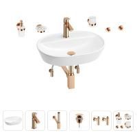 Раковина для ванной Wellsee Calin 201005589 в наборе 9 в 1: раковина белого глянцевого цвета, смеситель, сифон, донный клапан, угловые вентили, аксессуары (цвет набора розовое золото)