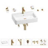 Раковина для ванной Wellsee Halcyon 201006553 в наборе 9 в 1: раковина белого глянцевого цвета, смеситель, сифон, донный клапан, угловые вентили, аксессуары (цвет набора золото)