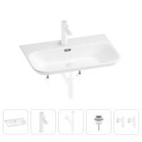 Раковина для ванной Wellsee Eclatant 2.0 201005465 в наборе 5 в 1: раковина белого глянцевого цвета, смеситель, сифон, донный клапан, угловые вентили (цвет набора матовый белый)