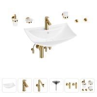Раковина для ванной Wellsee Cerulean 201006793 в наборе 9 в 1: раковина белого глянцевого цвета, смеситель, сифон, выпуск, угловые вентили, аксессуары (цвет набора золото)