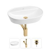 Раковина для ванной Wellsee Calin 201000983 в наборе 3 в 1: овальная раковина белого глянцевого цвета, сифон, донный клапан в цвете золото