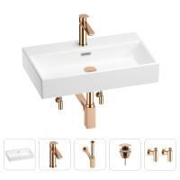 Раковина для ванной Wellsee Graceful Pro 201004639 в наборе 5 в 1: раковина белого глянцевого цвета, смеситель, сифон, донный клапан, угловые вентили (цвет набора розовое золото)