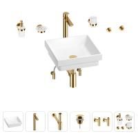 Раковина для ванной Wellsee Doux 201005928 в наборе 9 в 1: раковина белого глянцевого цвета, высокий смеситель, сифон, донный клапан, угловые вентили, аксессуары (цвет золото)