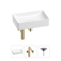 Раковина для ванной Wellsee Pure BY Wellsee 201001223 в наборе 3 в 1: прямоугольная раковина белого глянцевого цвета, сифон, выпуск в цвете золото