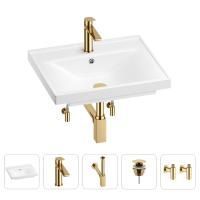 Раковина для ванной Wellsee FreeDom 201004888 в наборе 5 в 1: раковина белого глянцевого цвета, смеситель, сифон, донный клапан, угловые вентили (цвет набора золото)