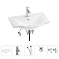 Раковина для ванной Wellsee Bisou 201005176 в наборе 5 в 1: раковина белого глянцевого цвета, смеситель, сифон, донный клапан, угловые вентили (цвет набора хром)
