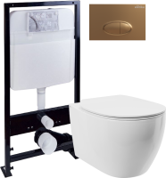 Комплект Унитаз подвесной STWORKI Муле HDC510NWH с микролифтом, безободковый + Инсталляция EWRIKA ProLT 0026-2020 + Кнопка 0053 золото матовое