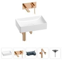 Раковина для ванной Wellsee Pure BY Wellsee 201002599 в наборе 4 в 1: раковина белого глянцевого цвета, встраиваемый смеситель, сифон, выпуск (цвет набора розовое золото)