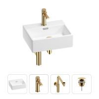 Раковина для ванной Wellsee Graceful Pro 201002898 в наборе 4 в 1: раковина белого глянцевого цвета, смеситель, сифон, донный клапан (цвет набора золото)