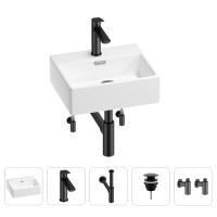 Раковина для ванной Wellsee Graceful Pro 201004557 в наборе 5 в 1: раковина белого глянцевого цвета, смеситель, сифон, донный клапан, угловые вентили (цвет набора матовый черный)