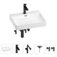 Раковина для ванной Wellsee DeSire 201005517 в наборе 5 в 1: раковина белого глянцевого цвета, смеситель, сифон, выпуск, угловые вентили (цвет набора матовый черный)