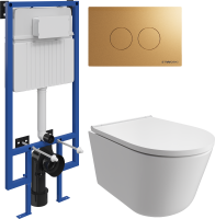 Комплект Унитаз подвесной DIWO Архангельск 0800 безободковый, с микролифтом + Инсталляция STWORKI + Кнопка Хельсинки 500474 золотая матовая
