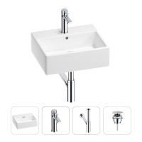 Раковина для ванной Wellsee Graceful Pro 201002936 в наборе 4 в 1: раковина белого глянцевого цвета, смеситель, сифон, донный клапан (цвет набора хром)