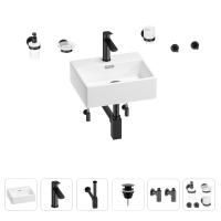 Раковина для ванной Wellsee Graceful Pro 201006612 в наборе 9 в 1: раковина белого глянцевого цвета, смеситель, сифон, донный клапан, угловые вентили, аксессуары (цвет набора матовый черный)