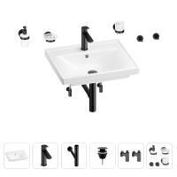 Раковина для ванной Wellsee FreeDom 201006922 в наборе 9 в 1: раковина белого глянцевого цвета, смеситель, сифон, донный клапан, угловые вентили, аксессуары (цвет набора матовый черный)