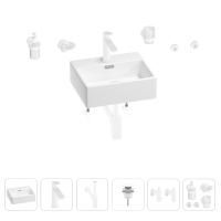 Раковина для ванной Wellsee Graceful Pro 201006615 в наборе 9 в 1: раковина белого глянцевого цвета, смеситель, сифон, донный клапан, угловые вентили, аксессуары (цвет набора матовый белый)