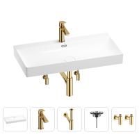 Раковина для ванной Wellsee Bromance 201005558 в наборе 5 в 1: раковина белого глянцевого цвета, смеситель, сифон, выпуск, угловые вентили (цвет набора золото)