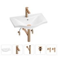 Раковина для ванной Wellsee Bisou 201005149 в наборе 5 в 1: раковина белого глянцевого цвета, смеситель, сифон, донный клапан, угловые вентили (цвет набора розовое золото)