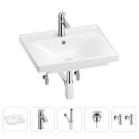 Раковина для ванной Wellsee FreeDom 201004886 в наборе 5 в 1: раковина белого глянцевого цвета, смеситель, сифон, донный клапан, угловые вентили (цвет набора хром)