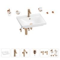 Раковина для ванной Wellsee FreeDom 201006899 в наборе 9 в 1: раковина белого глянцевого цвета, смеситель, сифон, донный клапан, угловые вентили, аксессуары (цвет набора розовое золото)