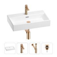 Раковина для ванной Wellsee Graceful Pro 201002959 в наборе 4 в 1: раковина белого глянцевого цвета, смеситель, сифон, донный клапан (цвет набора розовое золото)