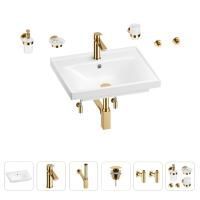 Раковина для ванной Wellsee FreeDom 201006963 в наборе 9 в 1: раковина белого глянцевого цвета, смеситель, сифон, донный клапан, угловые вентили, аксессуары (цвет набора золото)