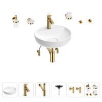 Раковина для ванной Wellsee Chalice Perfection 201006228 в наборе 9 в 1: раковина белого глянцевого цвета, смеситель, сифон, выпуск, угловые вентили, аксессуары (цвет набора золото)