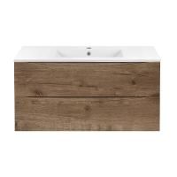 Тумба Vincea Mia 1000 подвесная, 2 выкатных ящика soft close, V.Oak с умывальником VBS-13100 керамическая, цвет белый