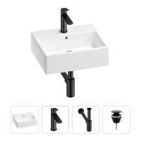 Раковина для ванной Wellsee Graceful Pro 201002902 в наборе 4 в 1: раковина белого глянцевого цвета, смеситель, сифон, донный клапан (цвет набора матовый черный)
