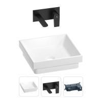 Раковина для ванной Wellsee Doux 201000642 в наборе 2 в 1: квадратная раковина белого глянцевого цвета, встраиваемый смеситель в цвете матовый черный