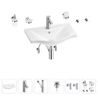 Раковина для ванной Wellsee Bisou 201007251 в наборе 9 в 1: раковина белого глянцевого цвета, смеситель, сифон, донный клапан, угловые вентили, аксессуары (цвет набора хром)