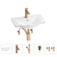 Раковина для ванной Wellsee Bisou 201005089 в наборе 5 в 1: раковина белого глянцевого цвета, смеситель, сифон, донный клапан, угловые вентили (цвет набора розовое золото)