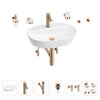 Раковина для ванной Wellsee Calin 201005604 в наборе 9 в 1: раковина белого глянцевого цвета, смеситель, сифон, донный клапан, угловые вентили, аксессуары (цвет набора розовое золото)
